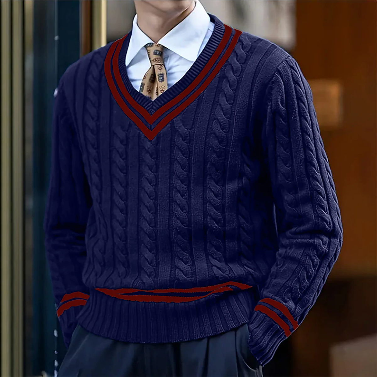 Maglione da uomo beige in lana a trecce con scollo a V