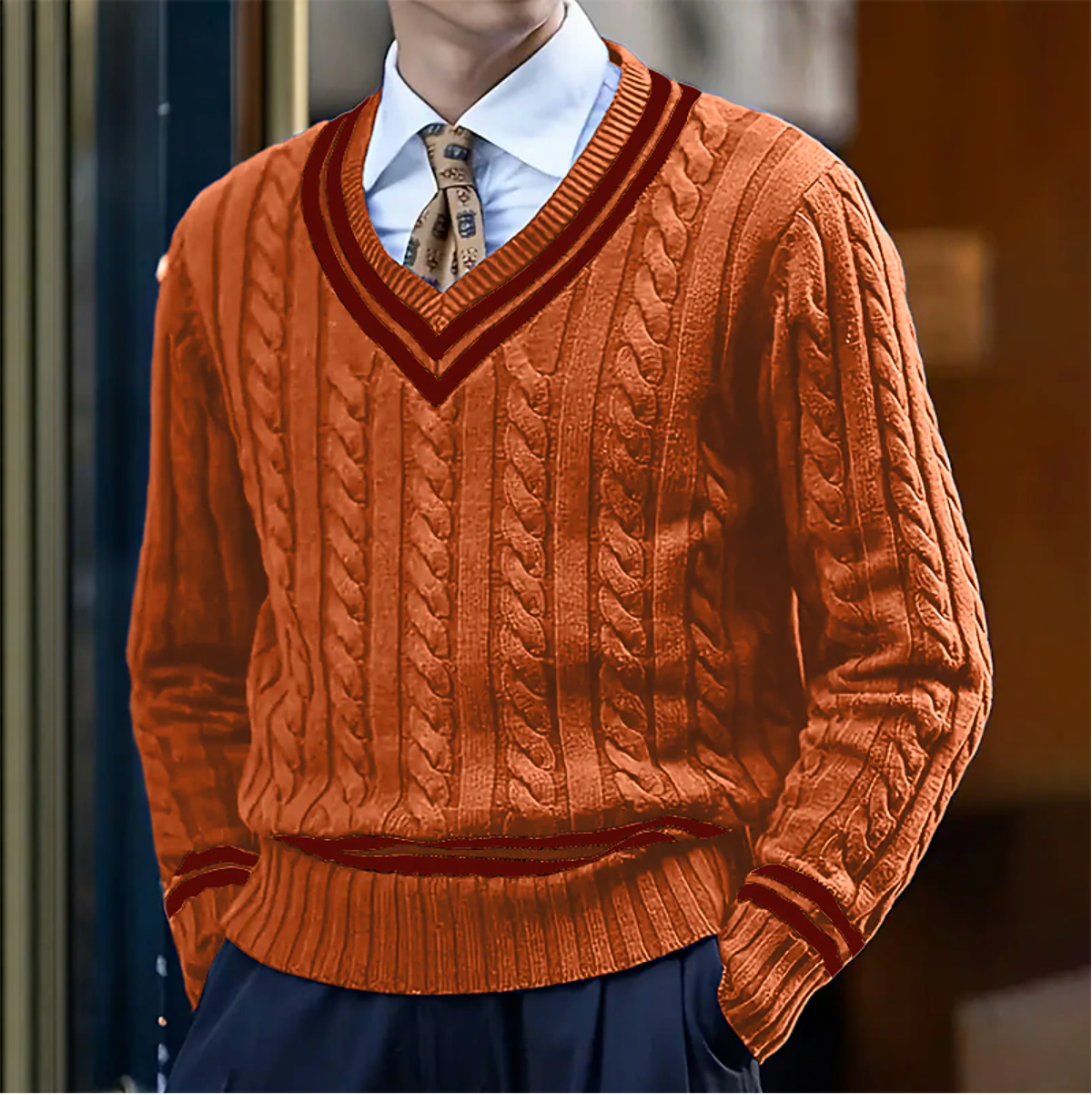 Maglione da uomo beige in lana a trecce con scollo a V