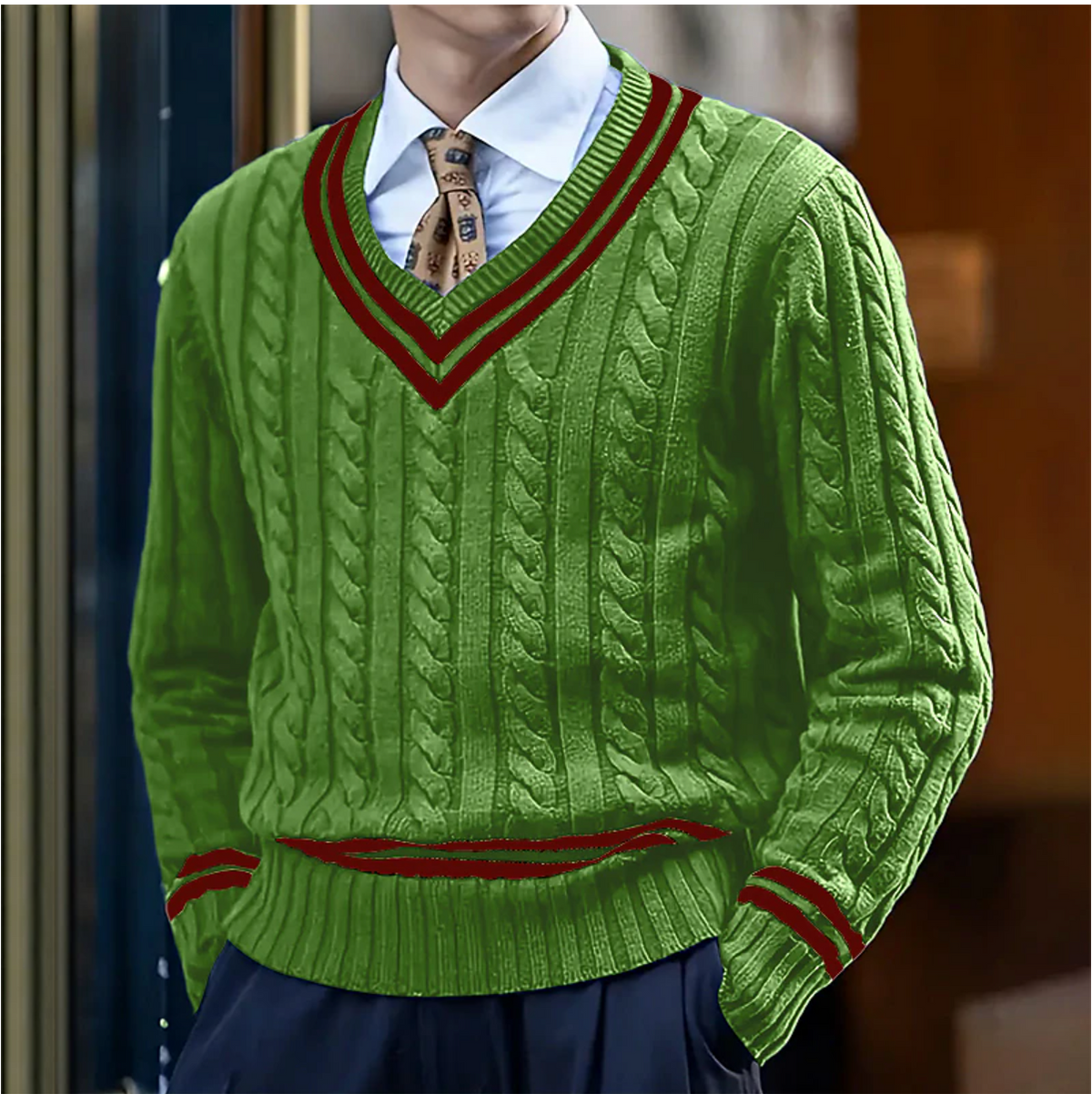 Maglione da uomo beige in lana a trecce con scollo a V