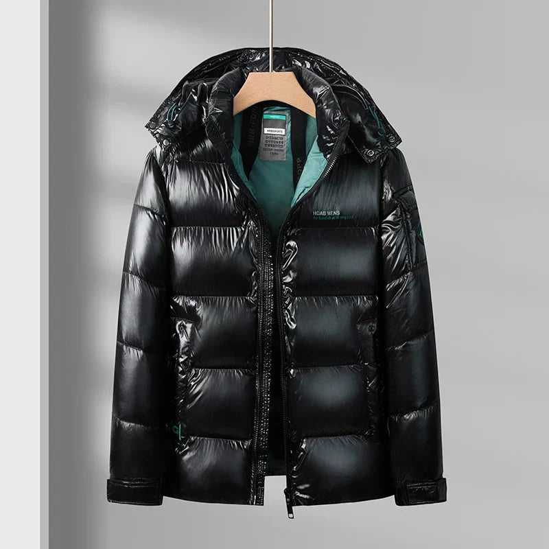 Men's Winter Down Puffer Jacket, Hooded Gloss Finish