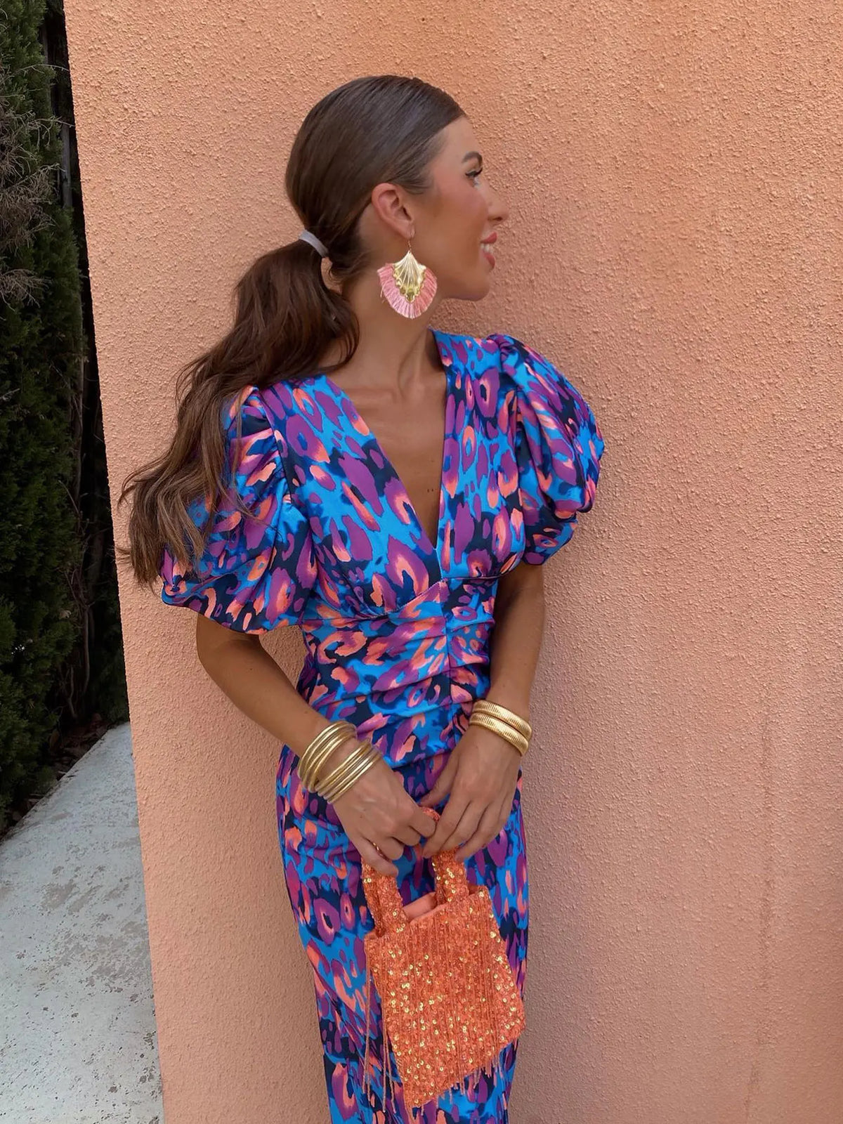 Women's Spring V-Neck Puff-Sleeve Dress