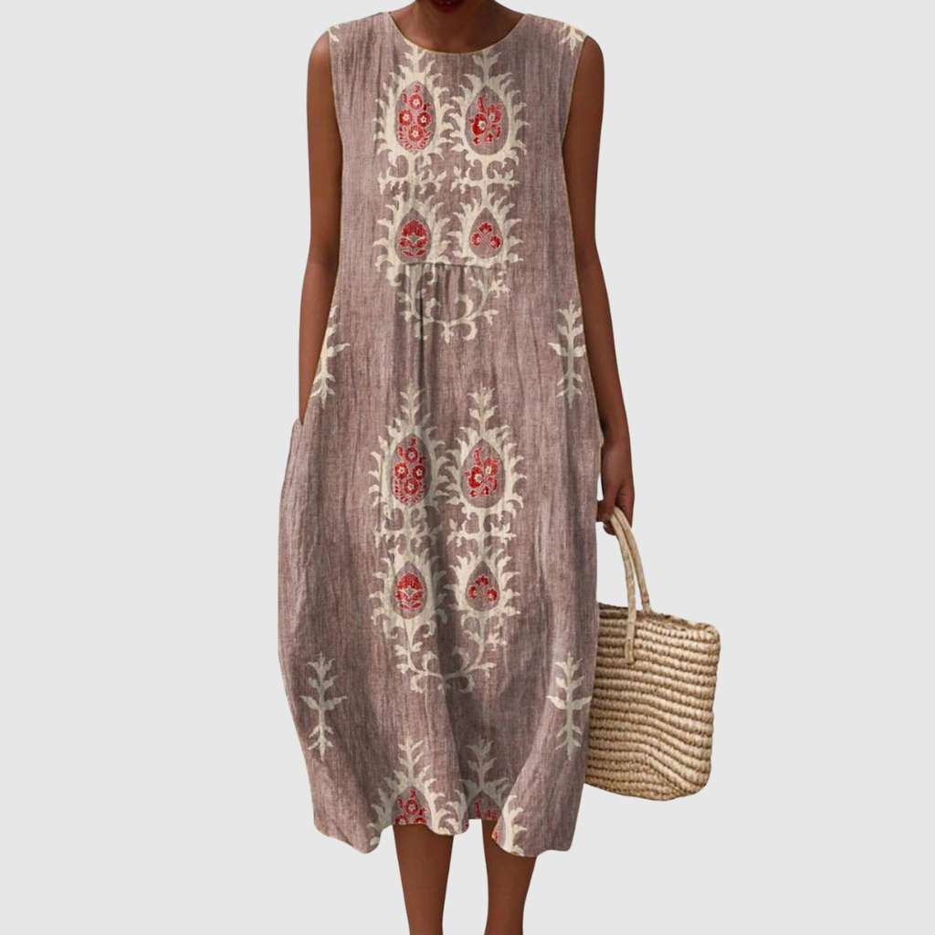Penelope | Women's Vintage Ethnic Pattern Art Print Sleeveless Pocket Wrap Dress