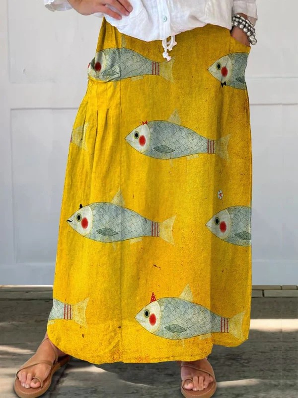 Blythe | Vintage Fish Art Print Pocket Skirt