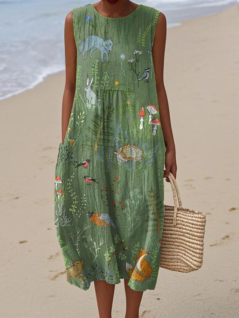Women's Sleeveless Pocket Wrap Dress with Vintage Woodland Animal Print