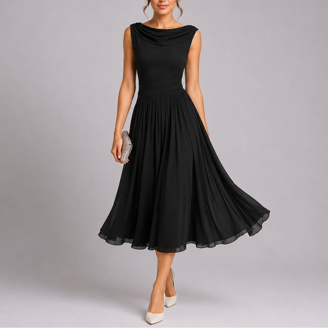 Abito midi elegante da donna plissettato con scollo drappeggiato