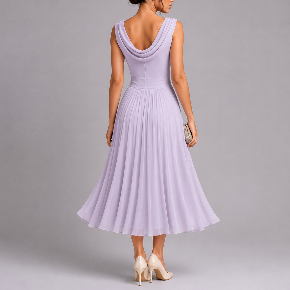 Abito midi elegante da donna plissettato con scollo drappeggiato