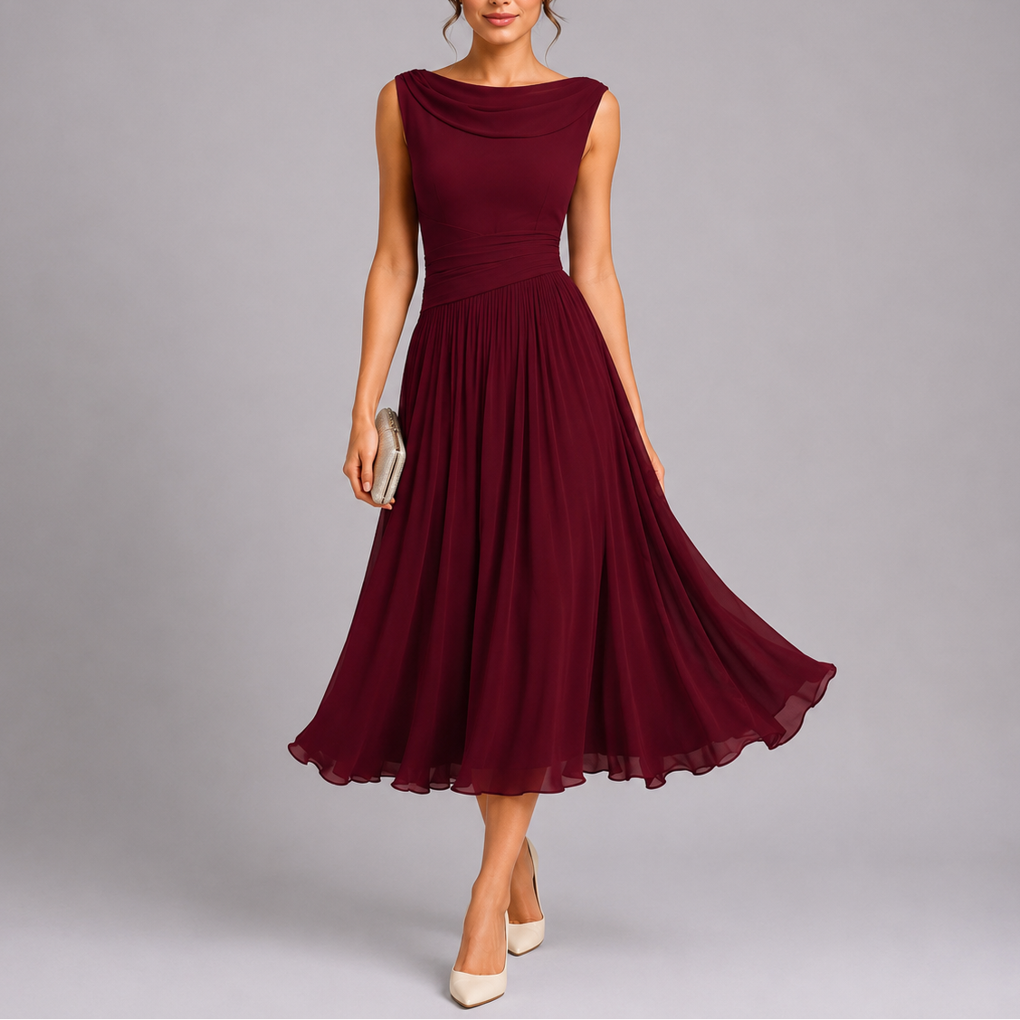 Abito midi elegante da donna plissettato con scollo drappeggiato