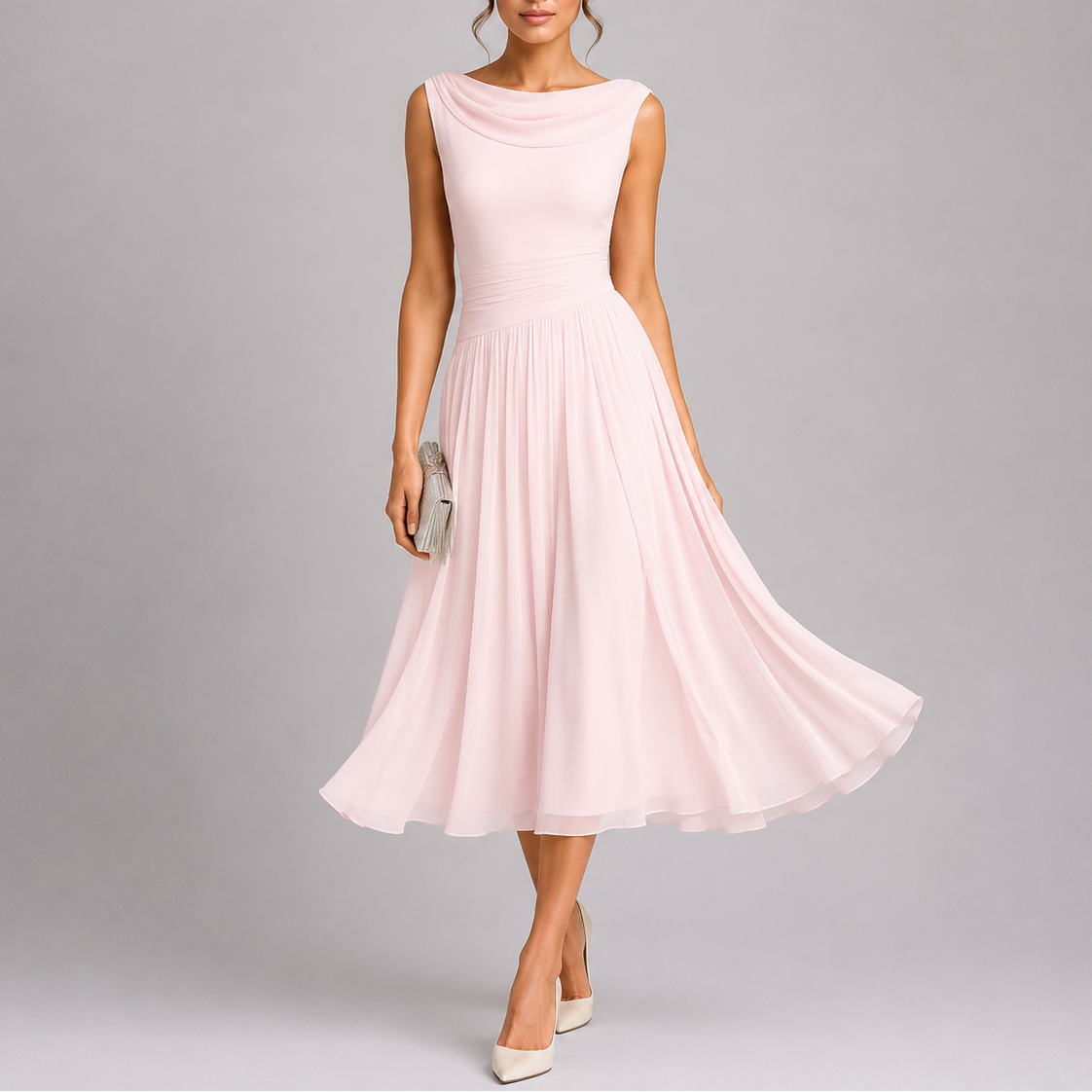 Abito midi elegante da donna plissettato con scollo drappeggiato