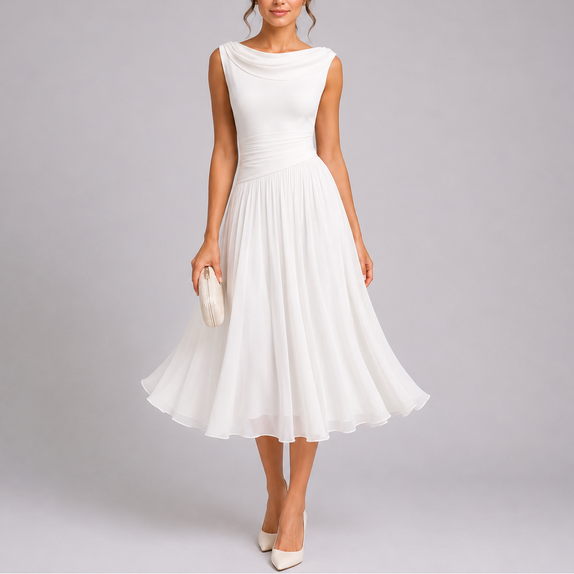 Abito midi elegante da donna plissettato con scollo drappeggiato