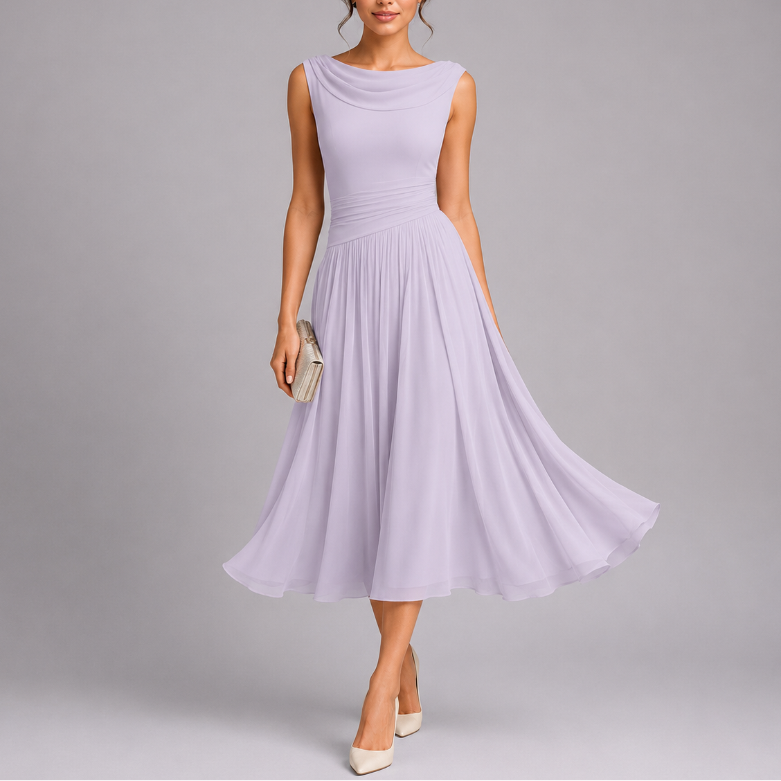Abito midi elegante da donna plissettato con scollo drappeggiato