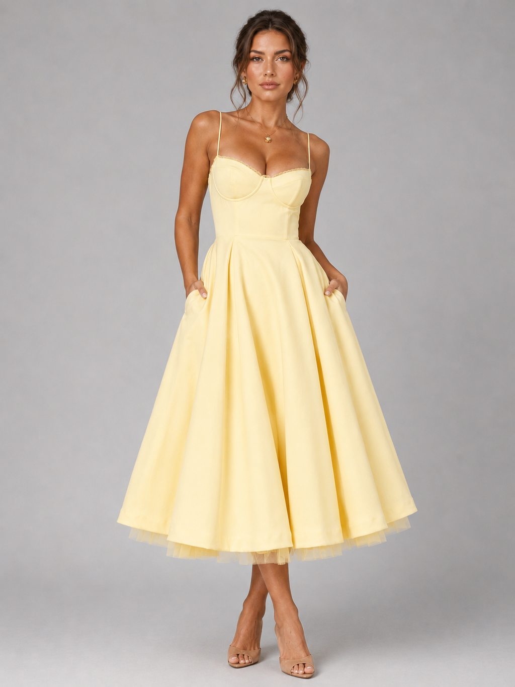 Women's Corset Midi Dress with Full Skirt – Wedding Guest Style