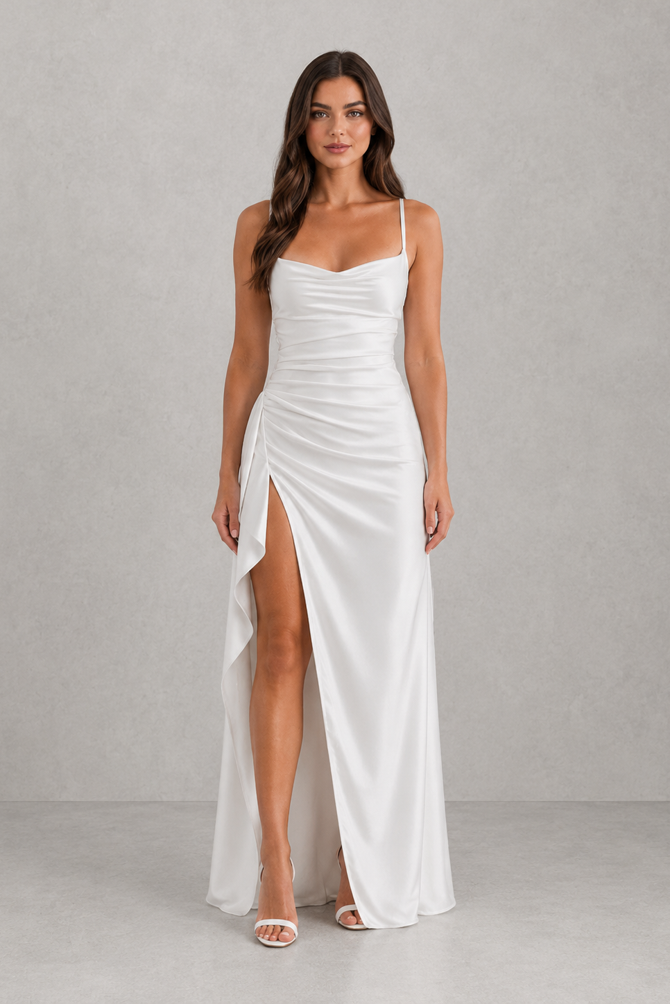 Women's Long Draped Satin Evening Dress with Side Slit