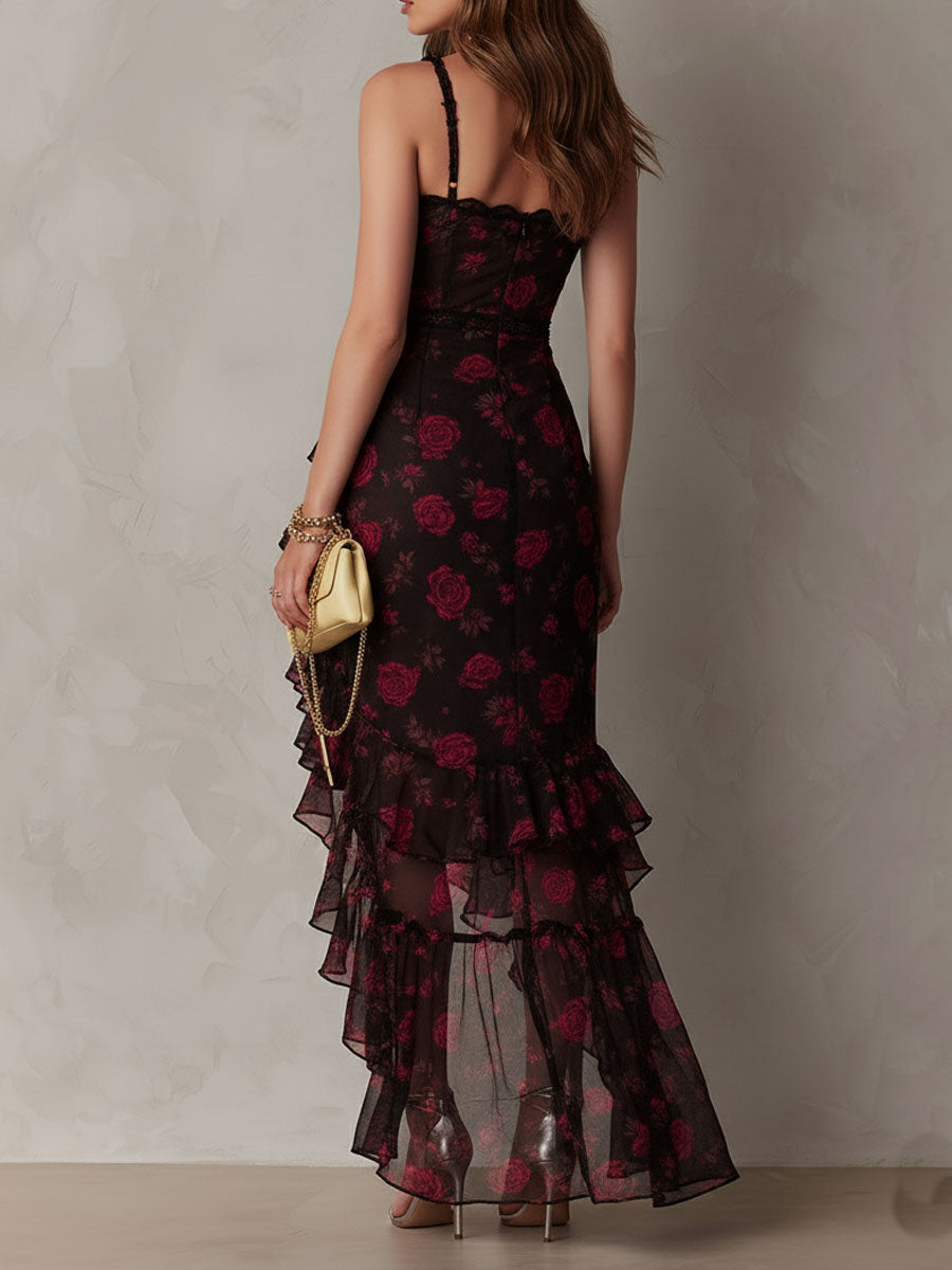 Black Floral Lace Ruffle Dress for Women