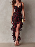 Black Floral Lace Ruffle Dress for Women