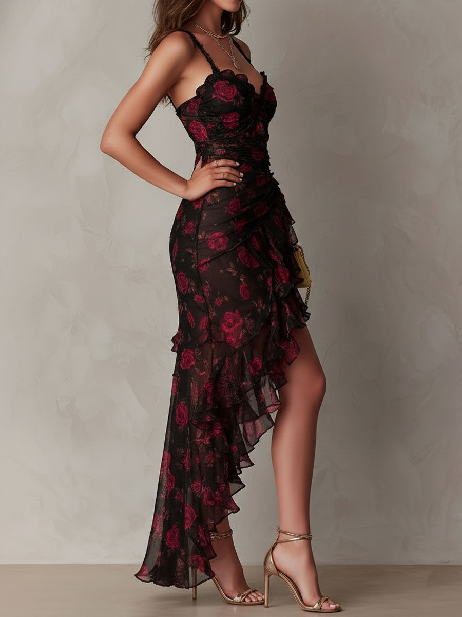 Black Floral Lace Ruffle Dress for Women