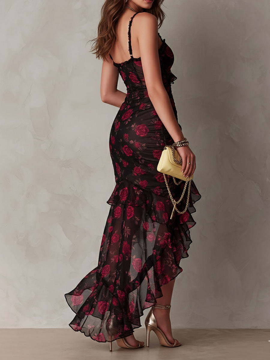 Black Floral Lace Ruffle Dress for Women