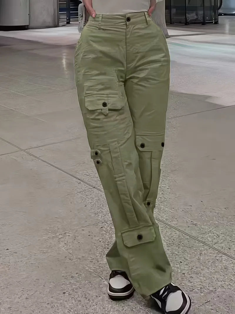 Women's Winter Cargo Pants, High Waist and Button Details