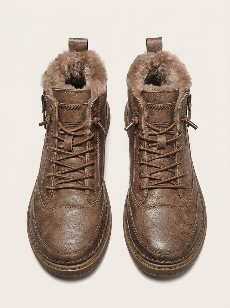Men's Winter Leather Ankle Boots, Fur Lined and Lace-Up