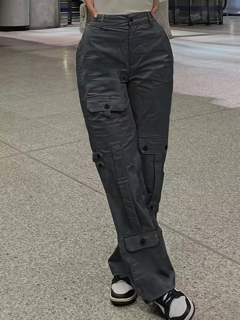 Women's Winter Cargo Pants, High Waist and Button Details