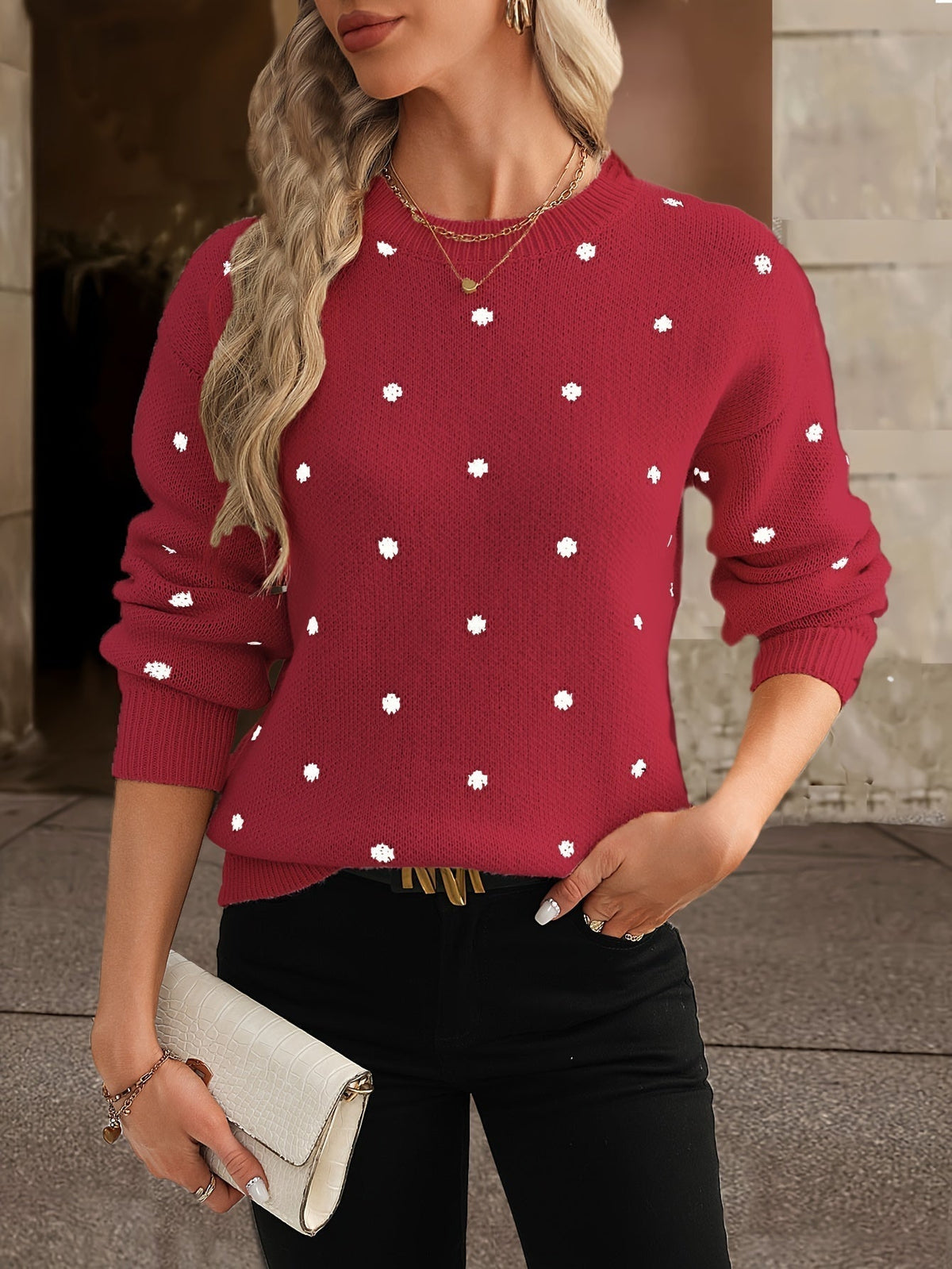 Women's Beige Knitted Sweater with Black Polka Dots