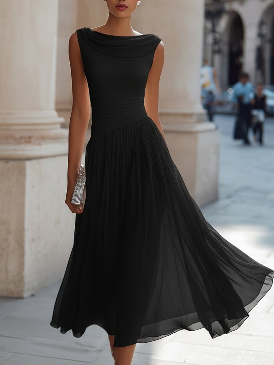 Vestido midi sin mangas para bodas de día, con drapeado y falda fluida para mujer