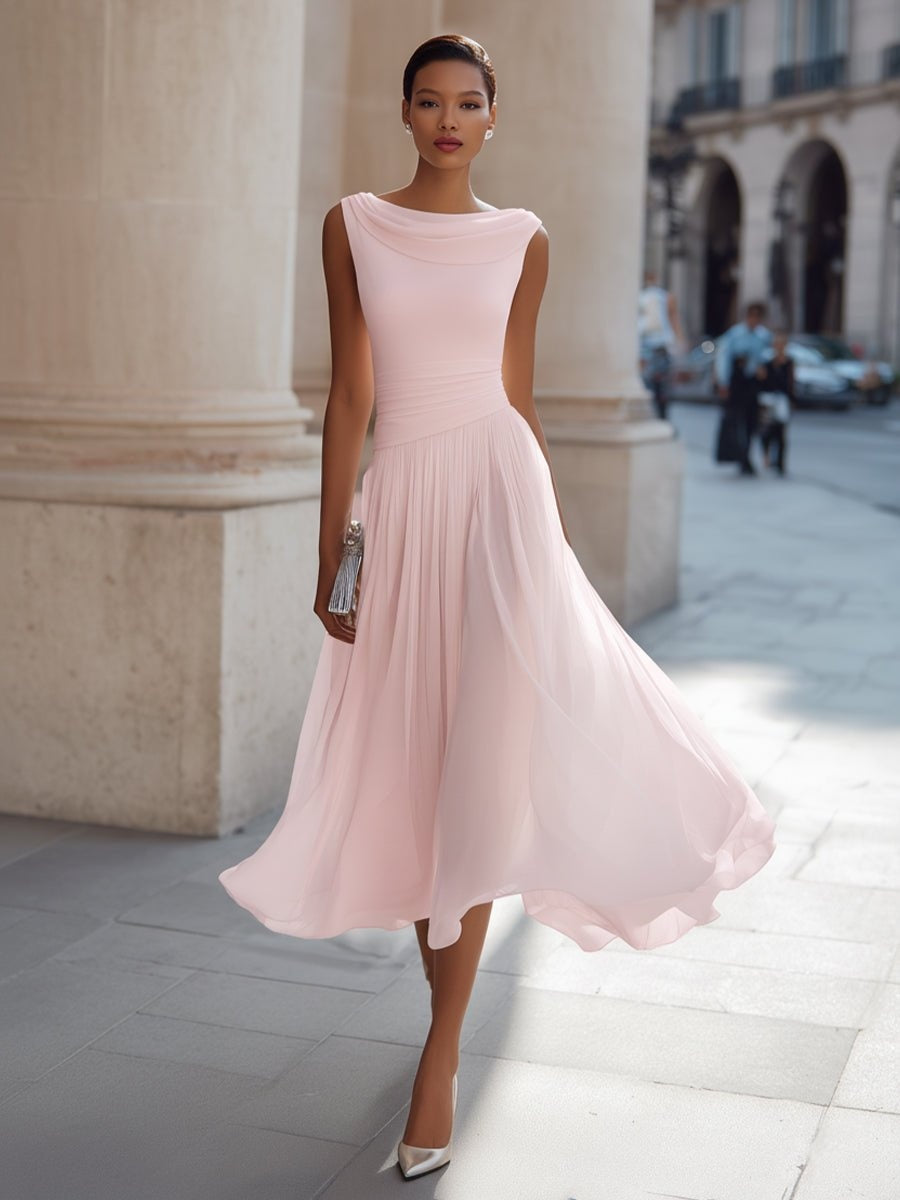 Vestido midi sin mangas para bodas de día, con drapeado y falda fluida para mujer