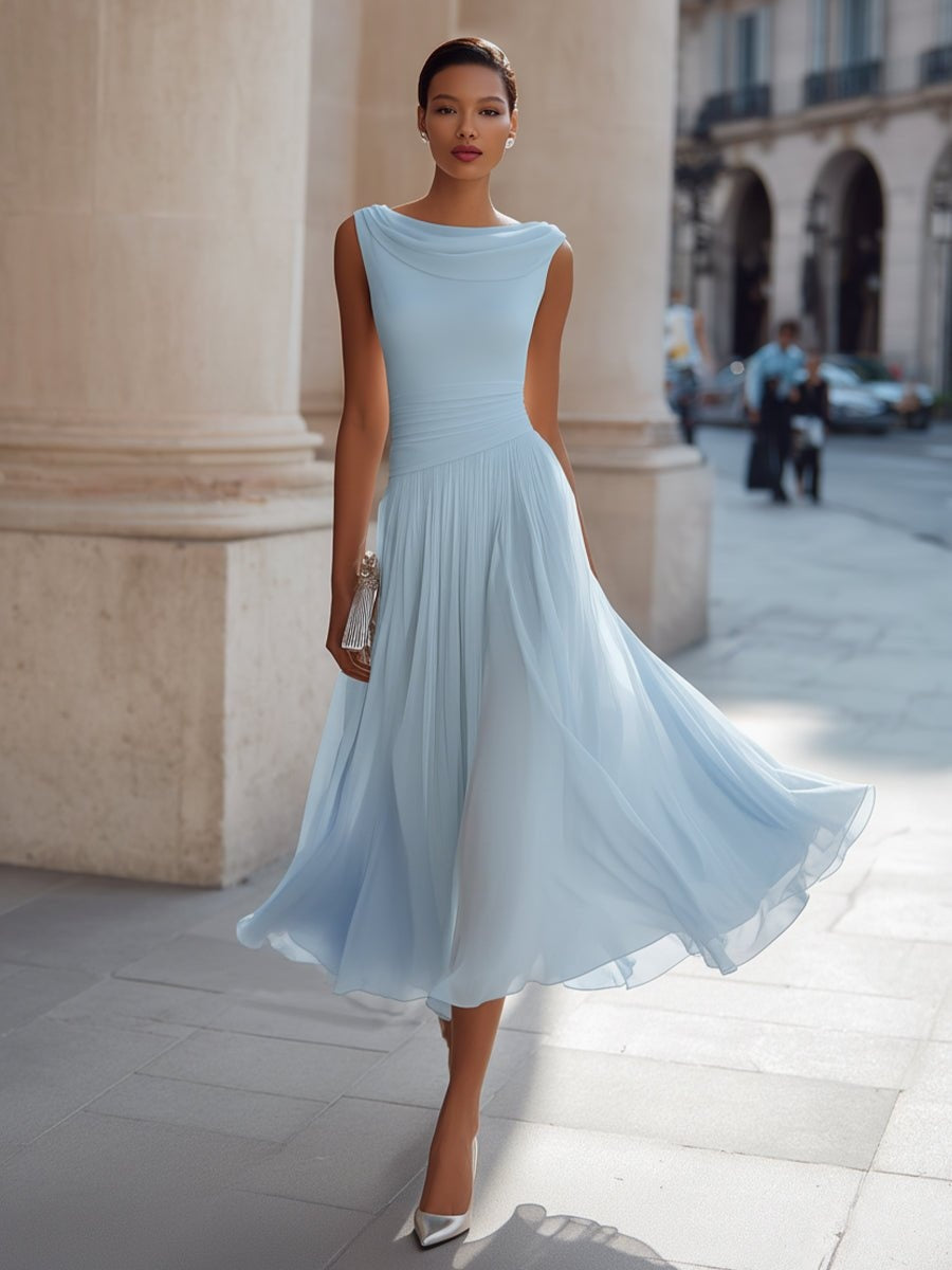 Vestido midi sin mangas para bodas de día, con drapeado y falda fluida para mujer