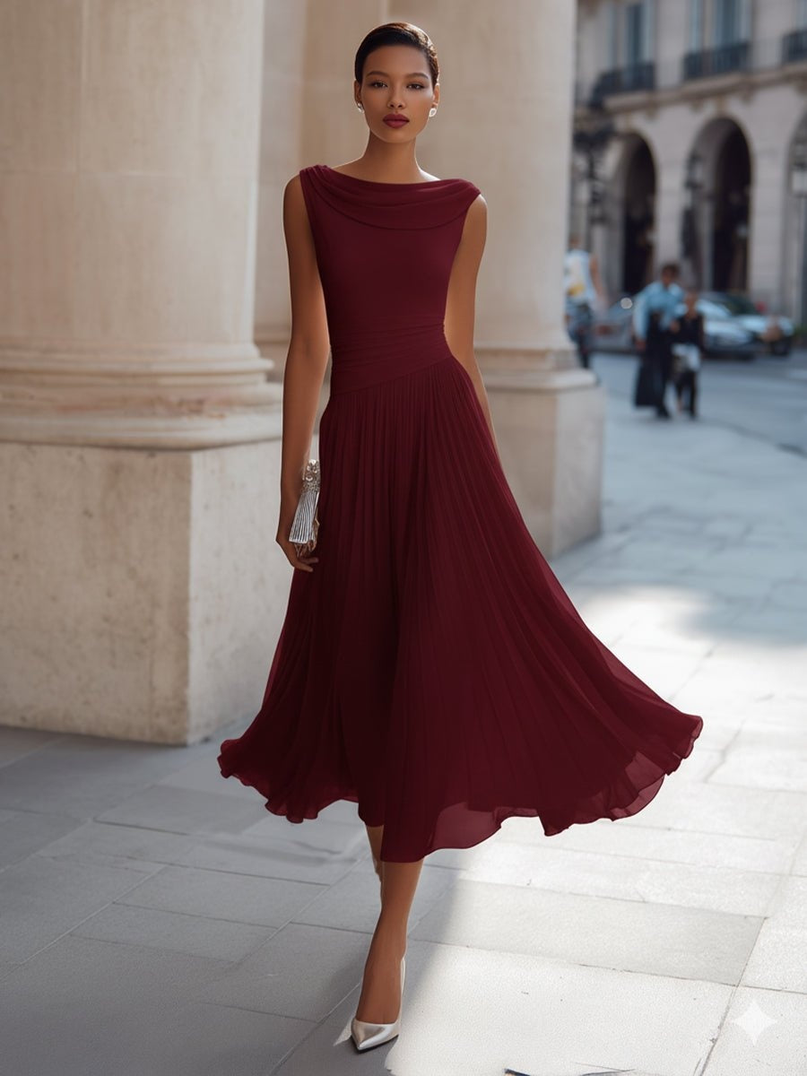 Vestido midi sin mangas para bodas de día, con drapeado y falda fluida para mujer
