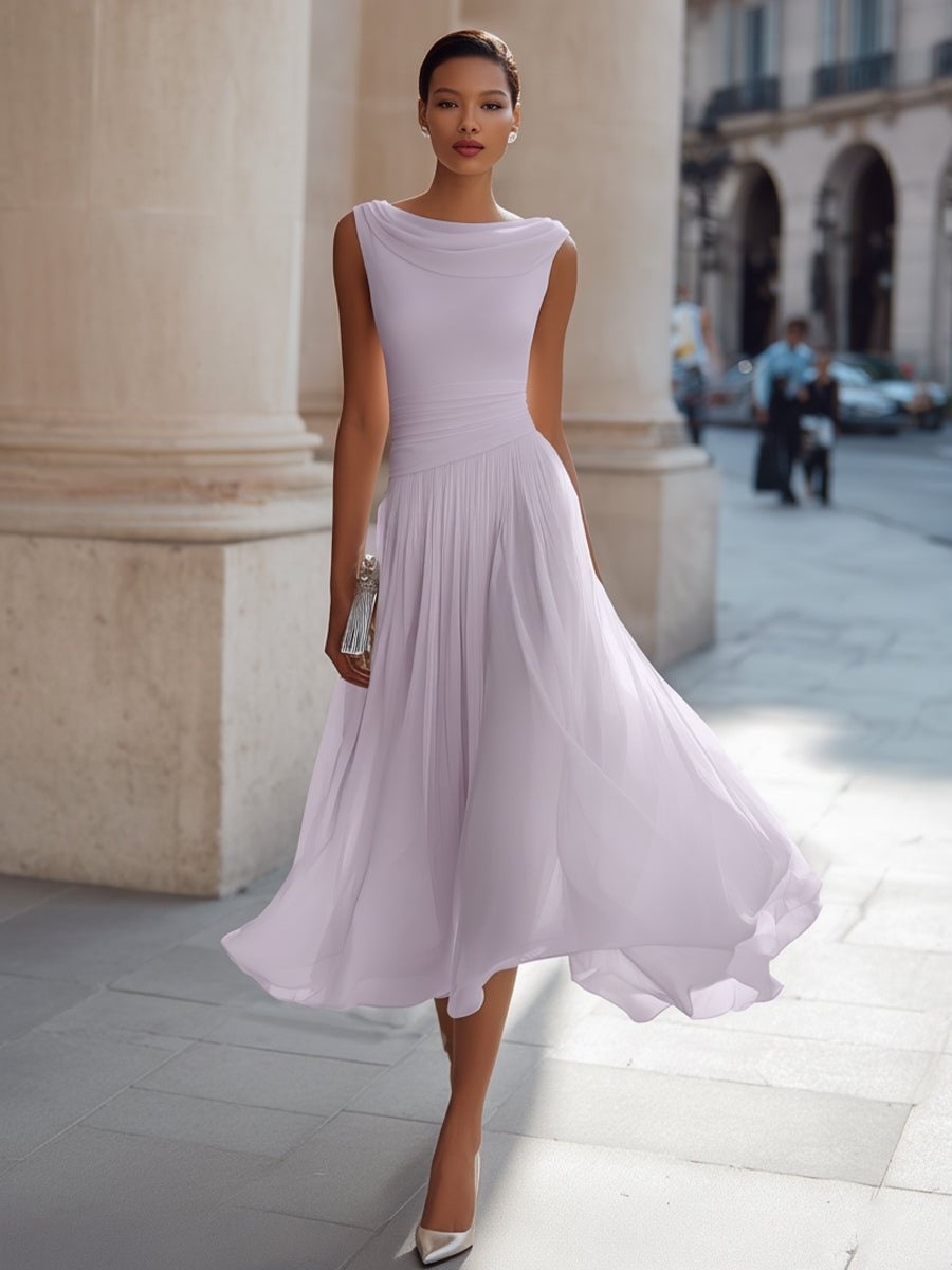 Vestido midi sin mangas para bodas de día, con drapeado y falda fluida para mujer