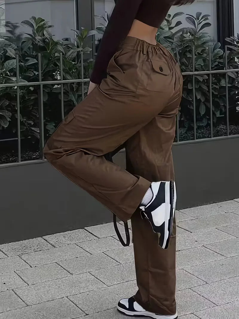 Women's Winter Cargo Pants, High Waist and Button Details