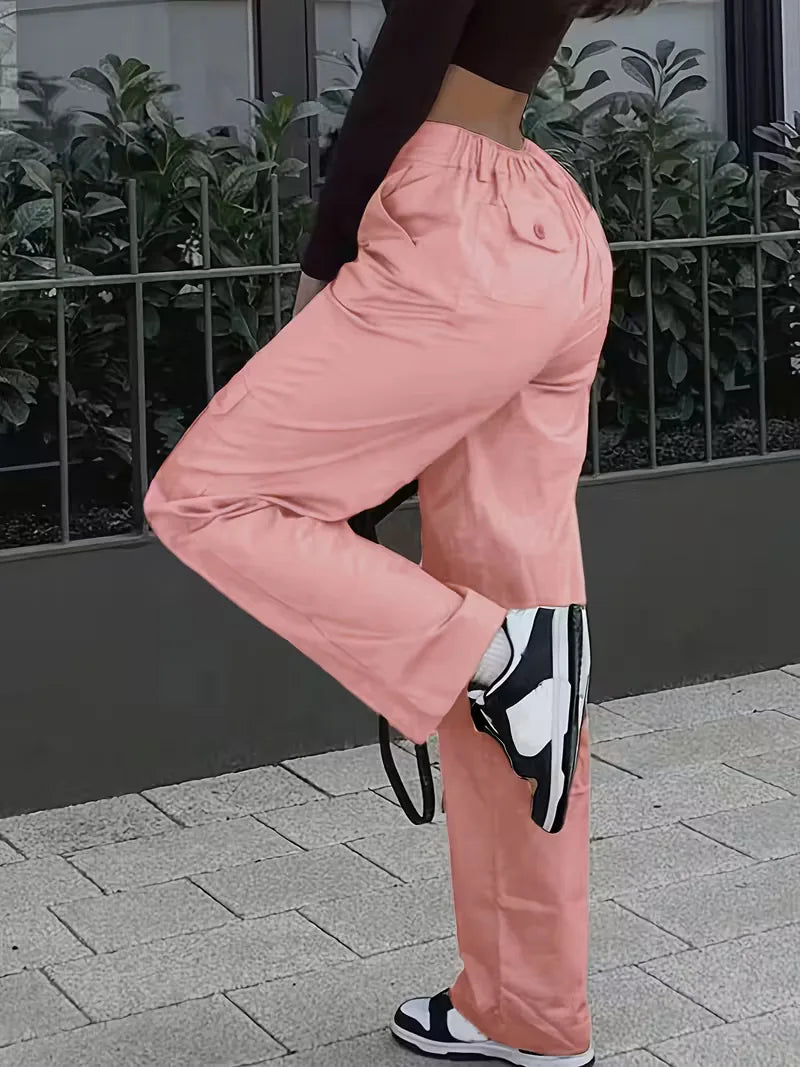 Women's Winter Cargo Pants, High Waist and Button Details