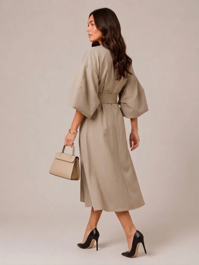 Women's Fitted Maxi Dress with Lace-Up Waist and Three-Quarter Sleeves