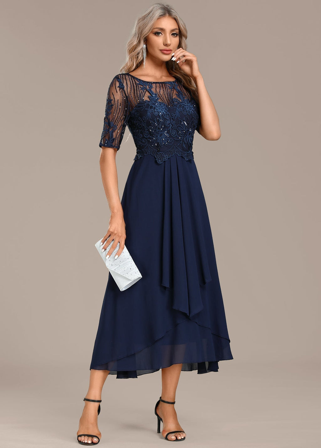 Women's Lace Midi Dress for Wedding Guests with Short Sleeves and Round Neckline
