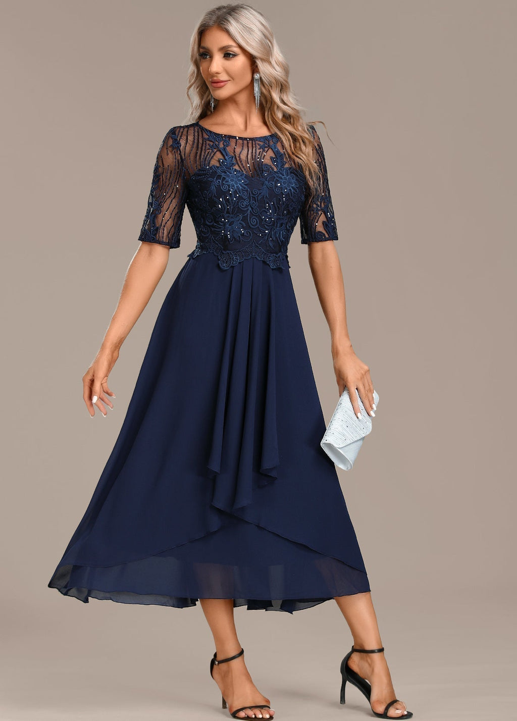 Women's Lace Midi Dress for Wedding Guests with Short Sleeves and Round Neckline