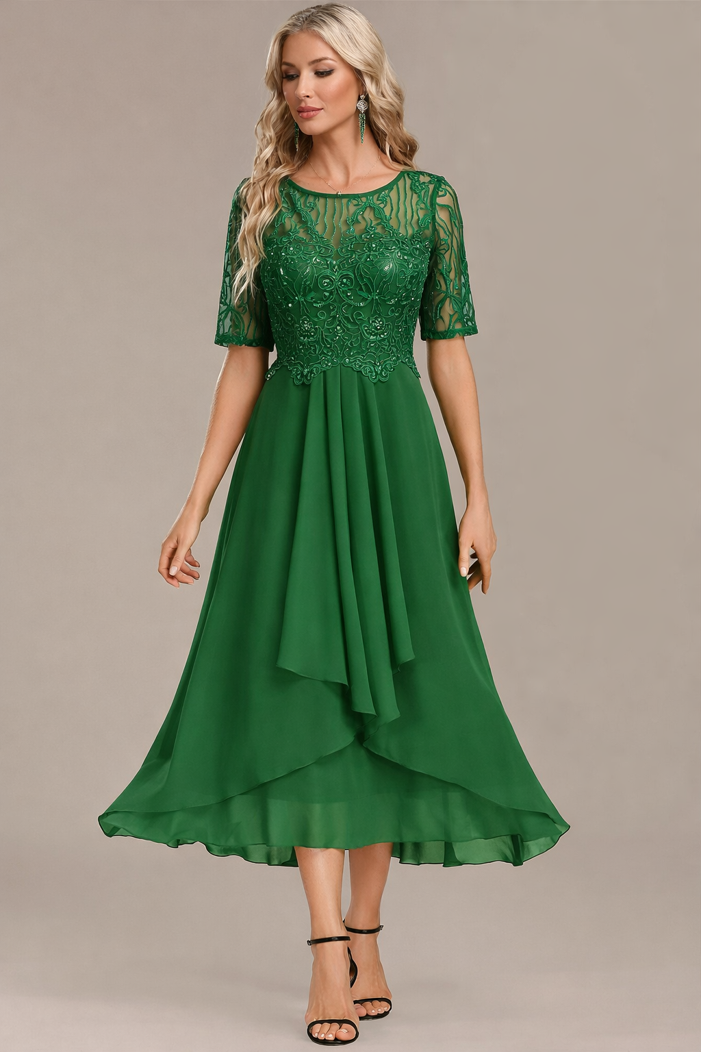 Women's Lace Midi Dress for Wedding Guests with Short Sleeves and Round Neckline