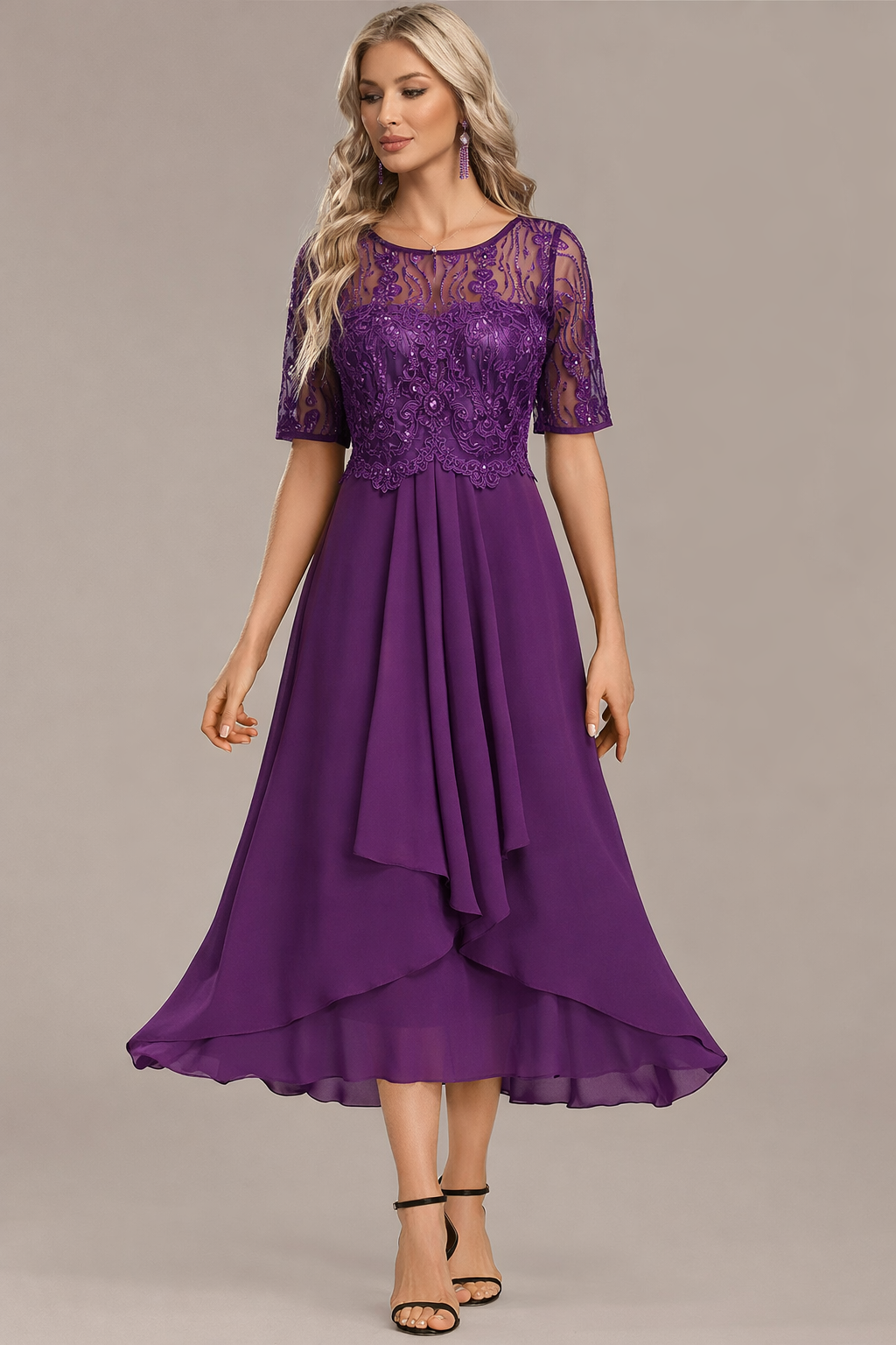 Women's Lace Midi Dress for Wedding Guests with Short Sleeves and Round Neckline
