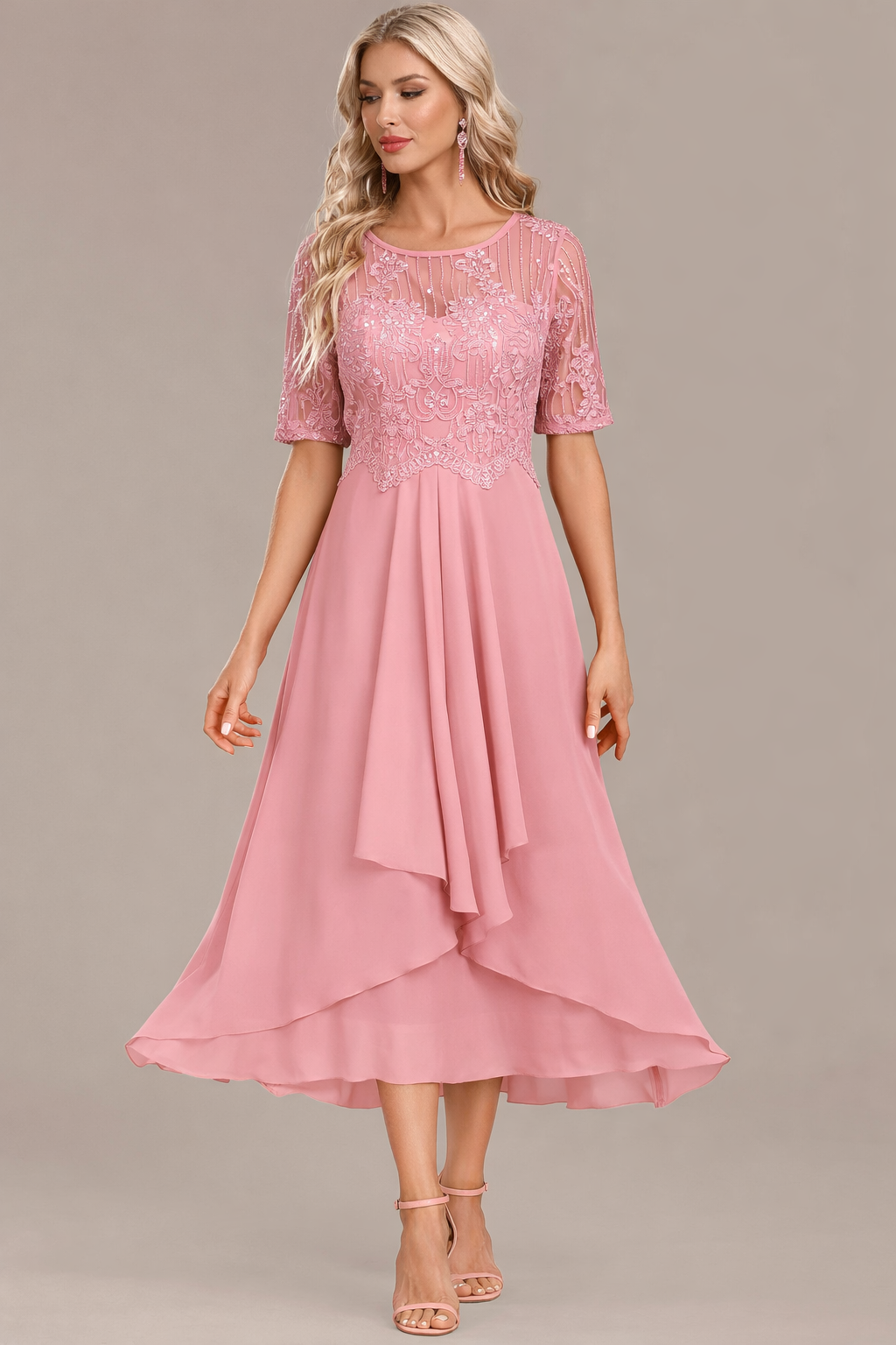 Women's Lace Midi Dress for Wedding Guests with Short Sleeves and Round Neckline