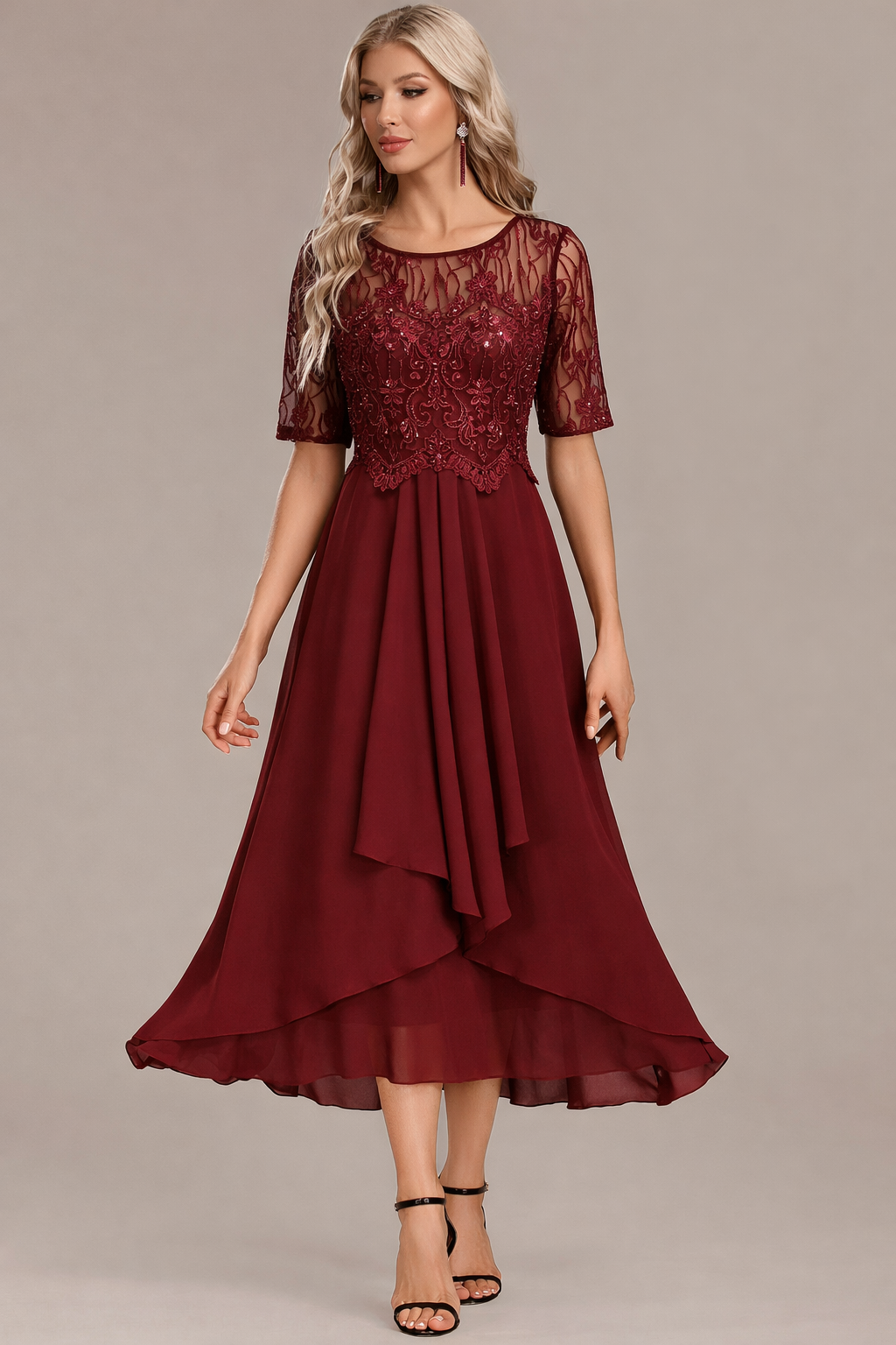 Women's Lace Midi Dress for Wedding Guests with Short Sleeves and Round Neckline