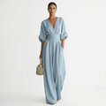 Elegant Women's Linen V-Neck Belted Jumpsuit