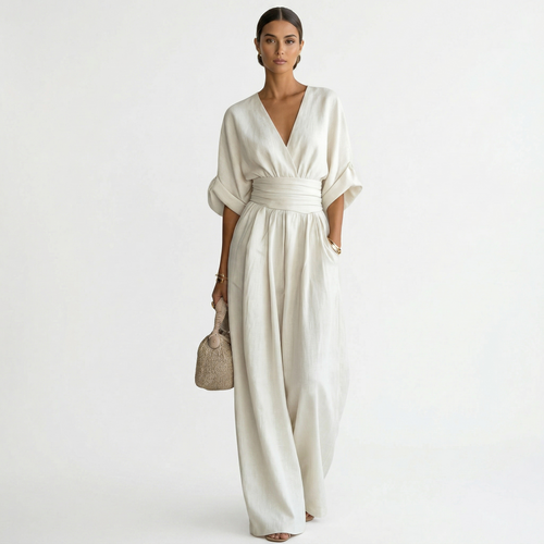 Elegante tuta da donna in lino con scollo a V e cintura