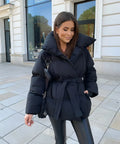 Women's Winter Puffer Jacket, Belted and High Collar