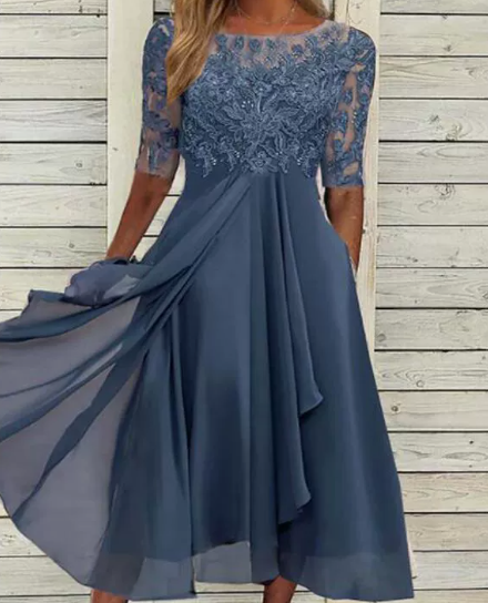 Women's Lace Midi Dress for Wedding Guests with Short Sleeves and Round Neckline