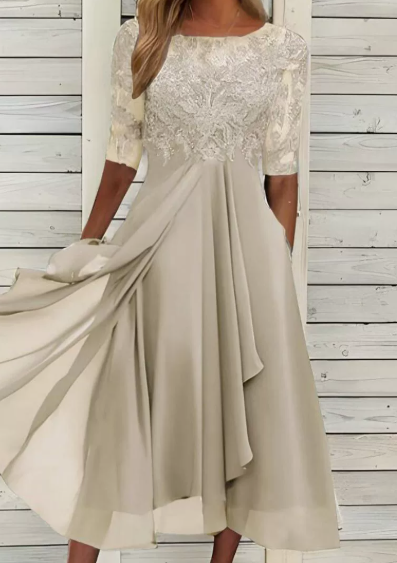 Vestido midi de encaje para invitadas de boda, con mangas cortas y escote redondo