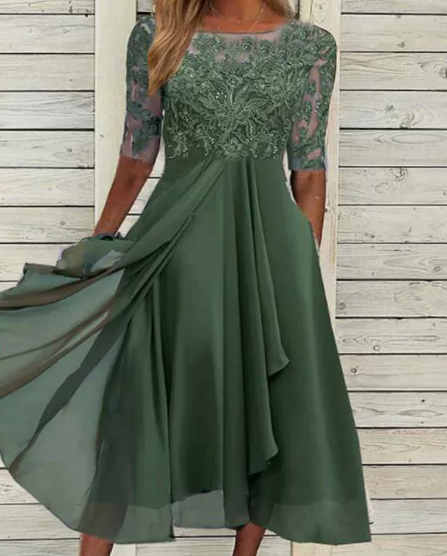 Vestido midi de encaje para invitadas de boda, con mangas cortas y escote redondo