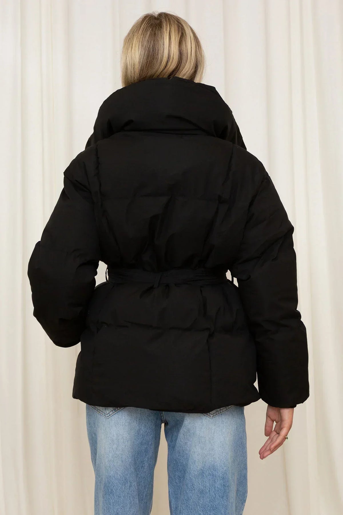 Women's Winter Puffer Jacket, Belted and High Collar