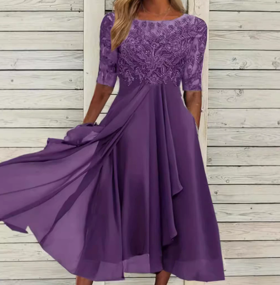Vestido midi de encaje para invitadas de boda, con mangas cortas y escote redondo