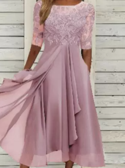 Vestido midi de encaje para invitadas de boda, con mangas cortas y escote redondo