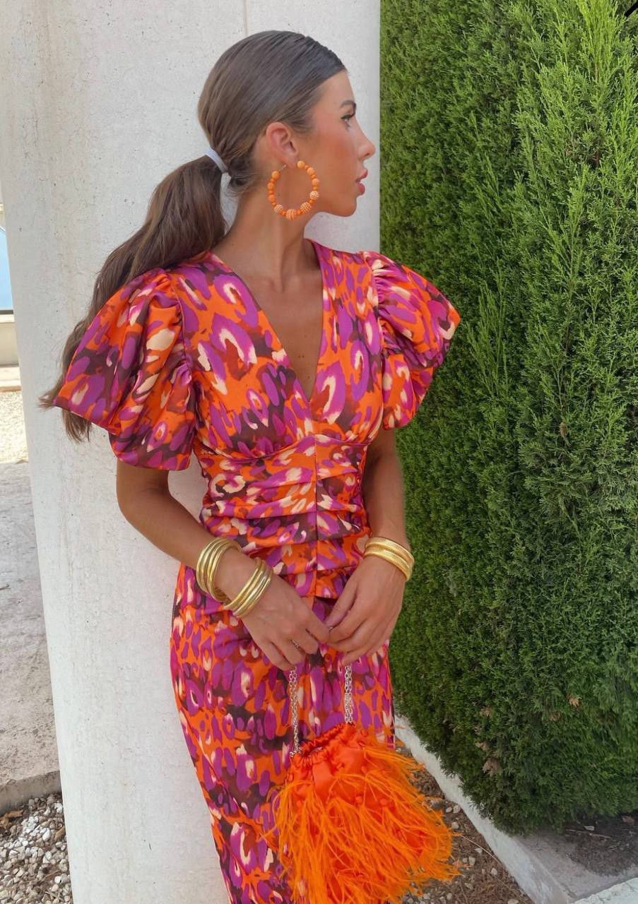 Women's Spring V-Neck Puff-Sleeve Dress