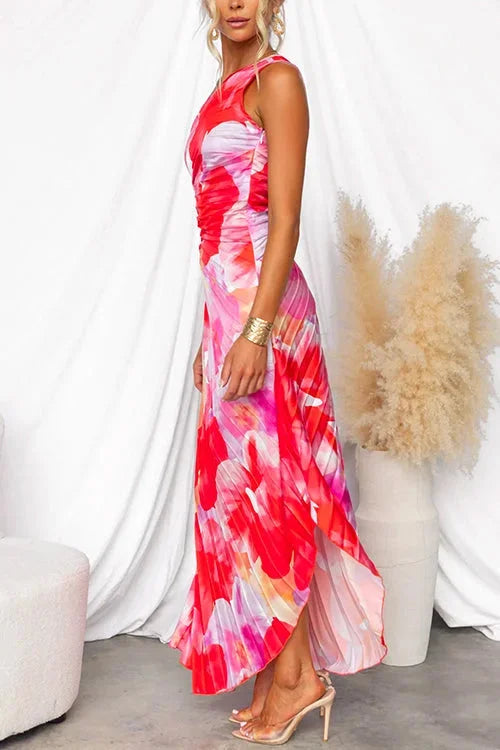 Vestido largo rojo asimétrico con estampado floral para mujer