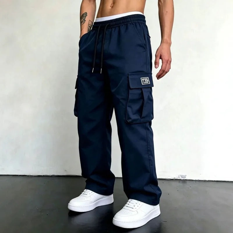 Men's Winter Cargo Trousers, Drawstring Waist and Straight Leg